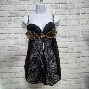 Passion Forever Black Lace Animal Print Babydoll Lingerie Top Large